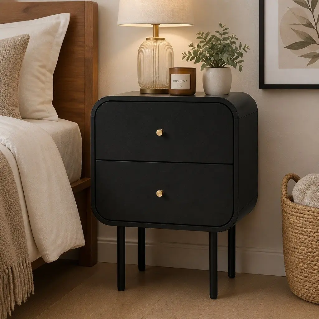 Bedside Table White 2 Drawers Metal Handles Storage