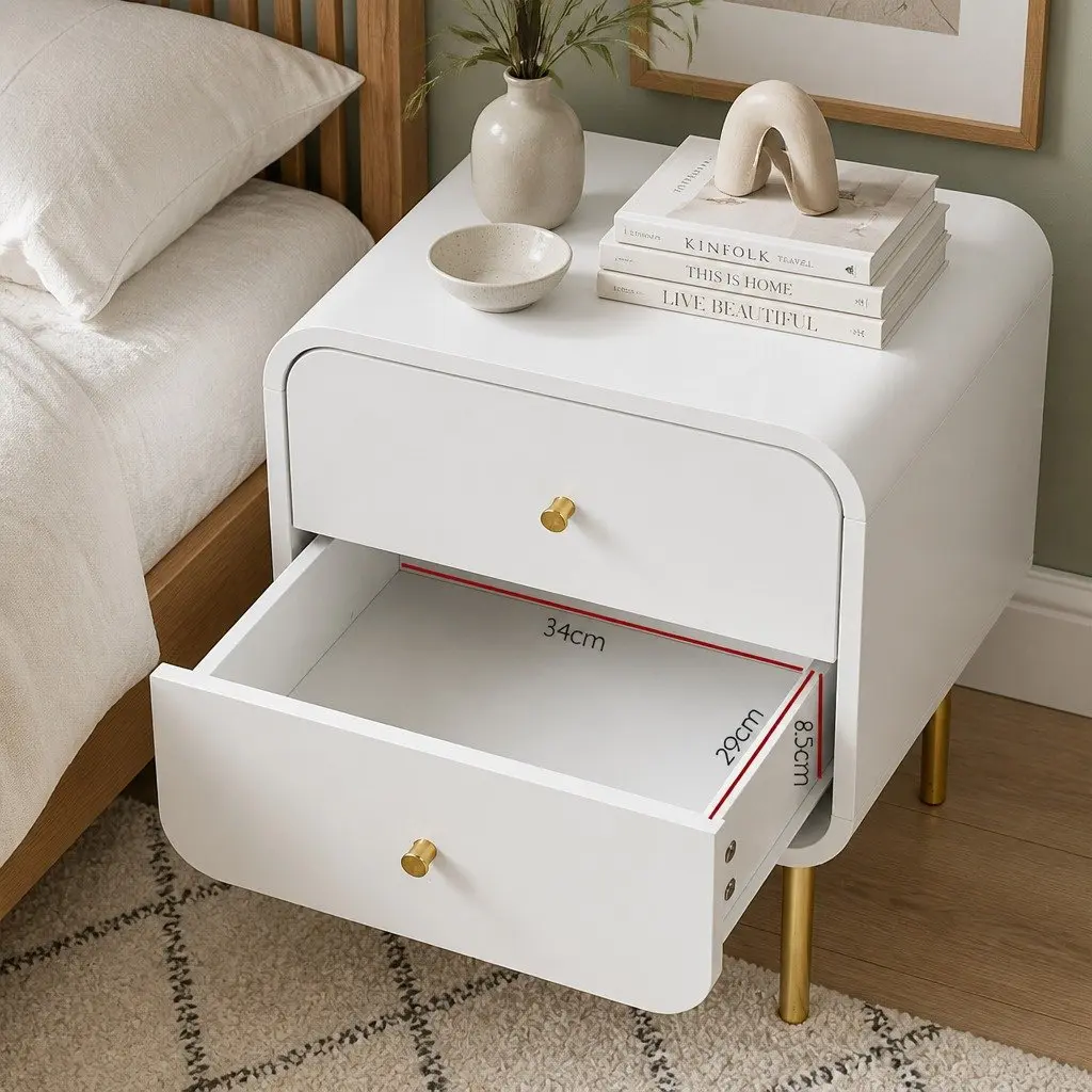 Bedside Table 2 Drawers Side End Table Nightstand White Metal Legs Storage