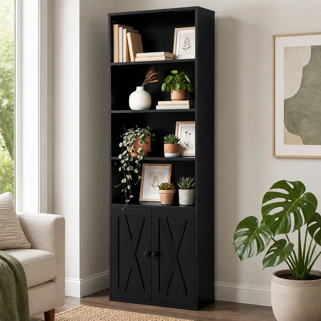 6-Tier Black Bookshelf with Strong Shelves