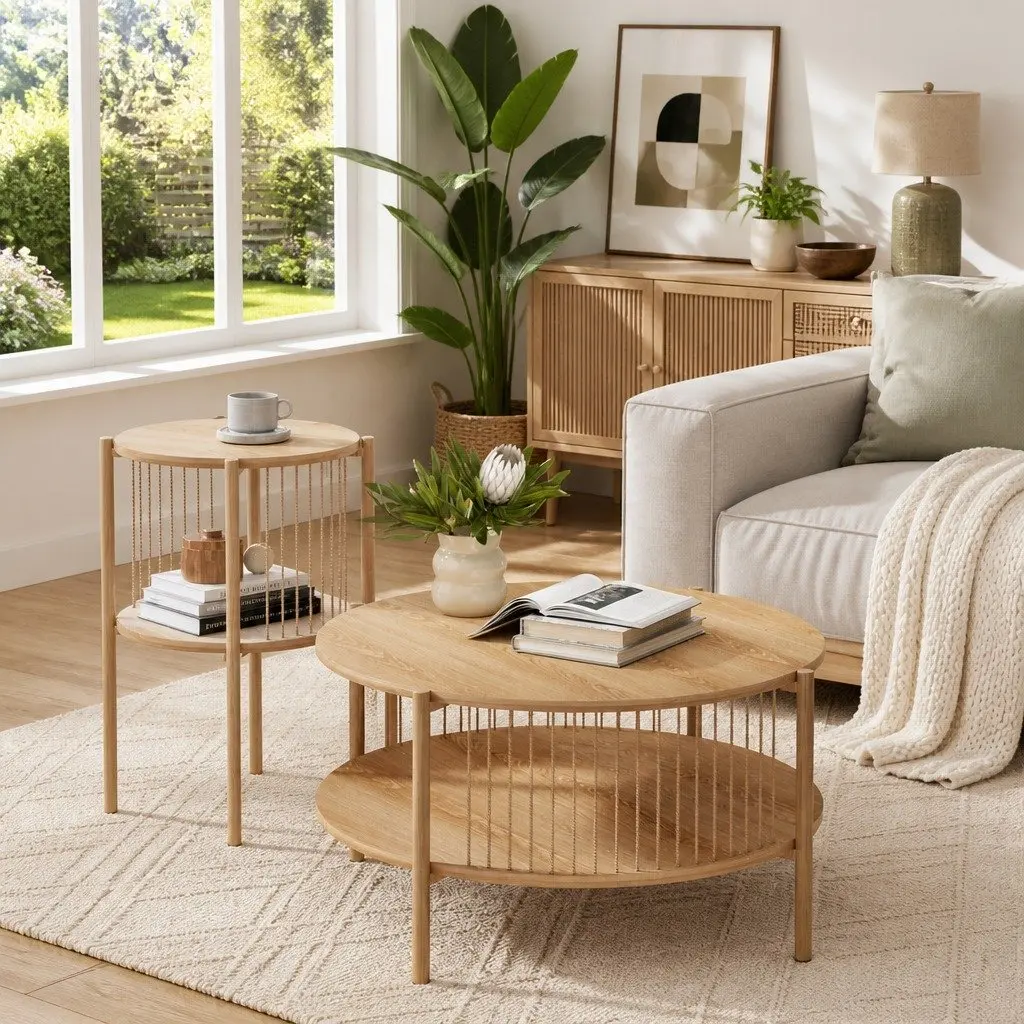 Coffee Table 2-Tier Round Wood Storage Lounge Living Room Furniture Modern
