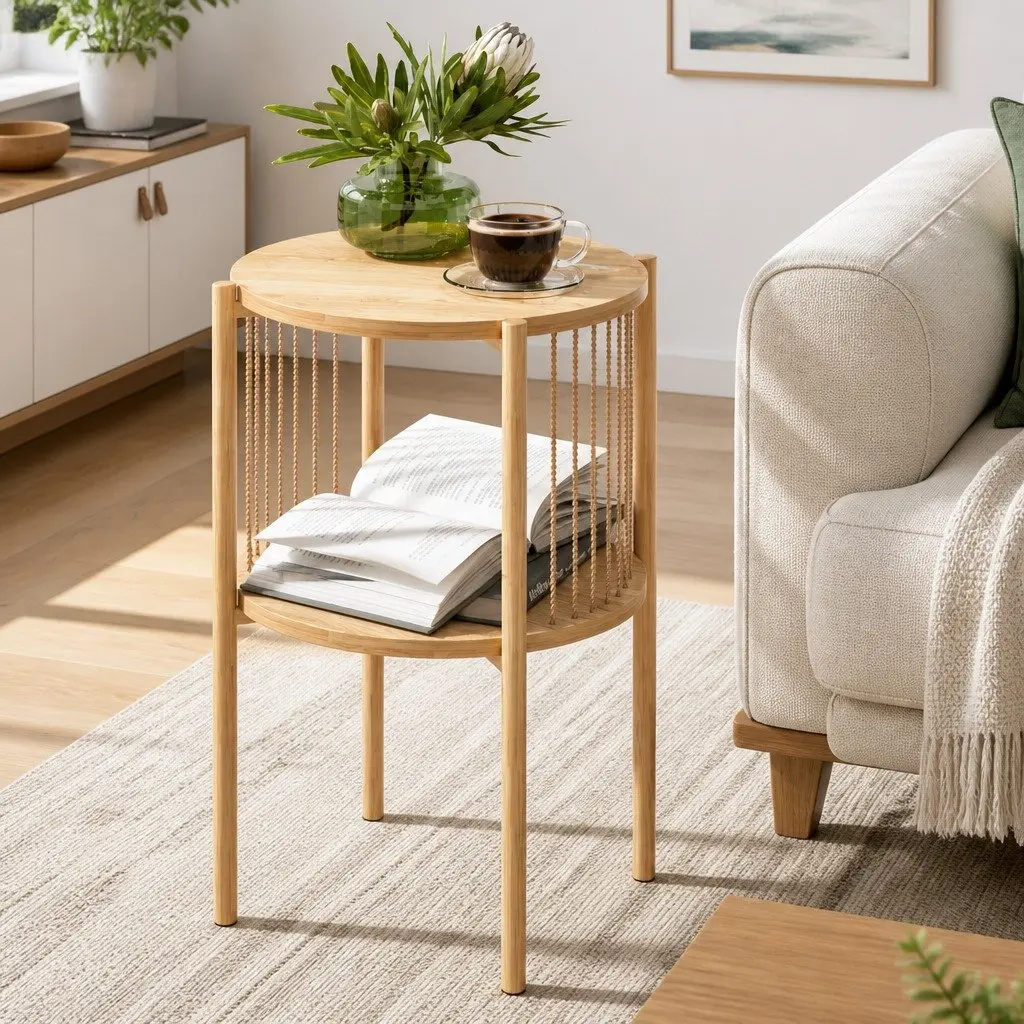 Coffee Table 2-Tier Round Wood Storage Lounge Living Room Furniture Modern