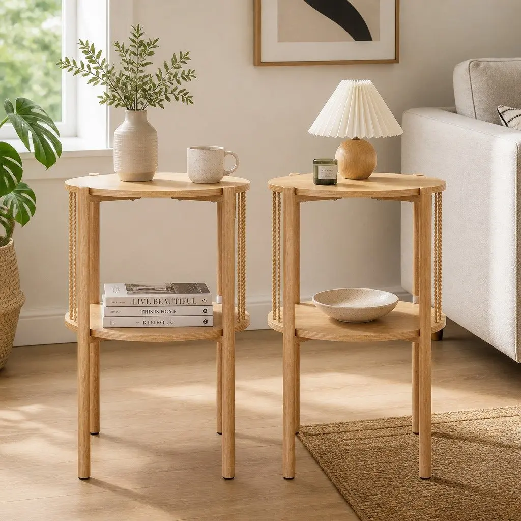 End Tables Coffee Table Set 2-Tier Round Wood Side Tables Living Room Furniture