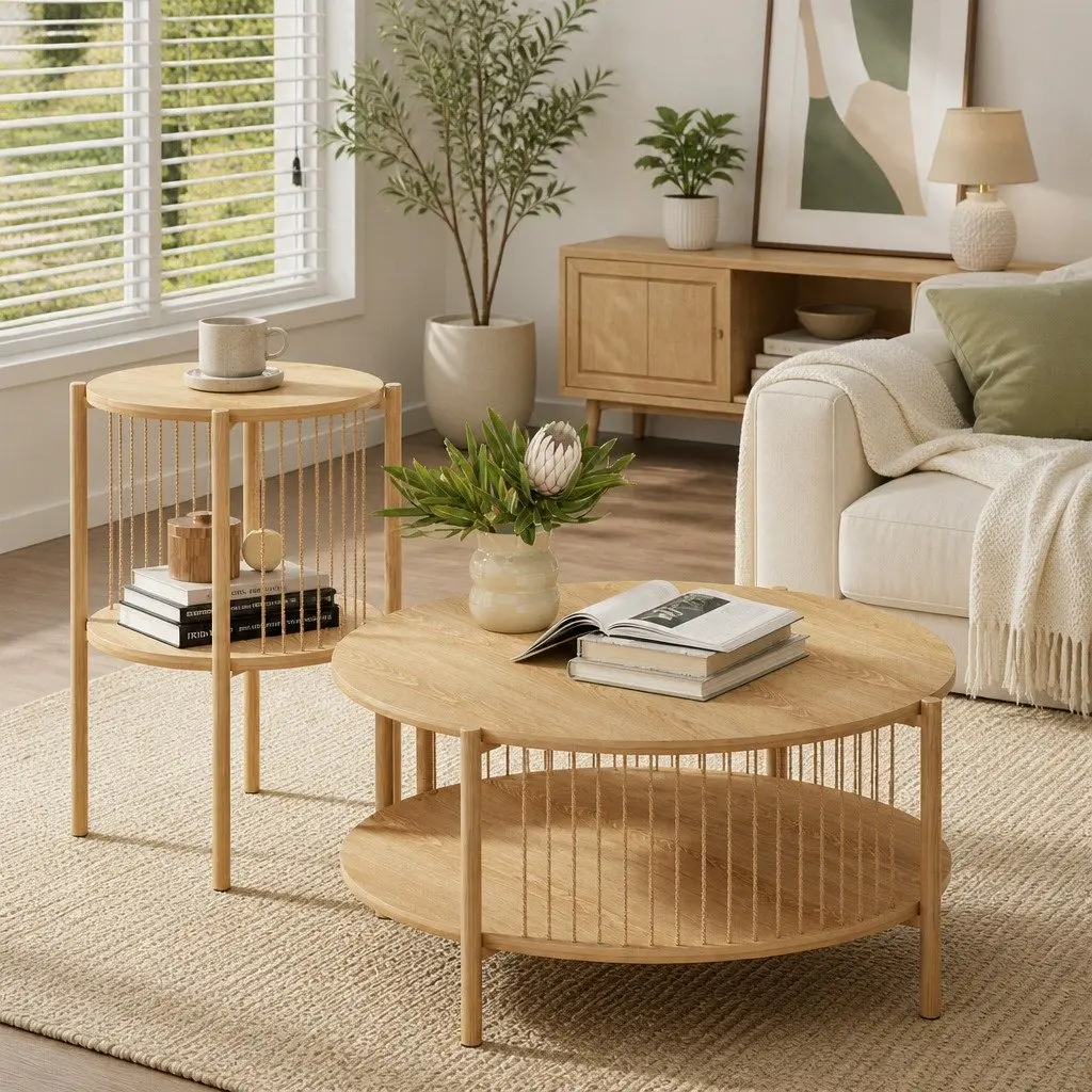 End Tables Coffee Table Set 2-Tier Round Wood Side Tables Living Room Furniture