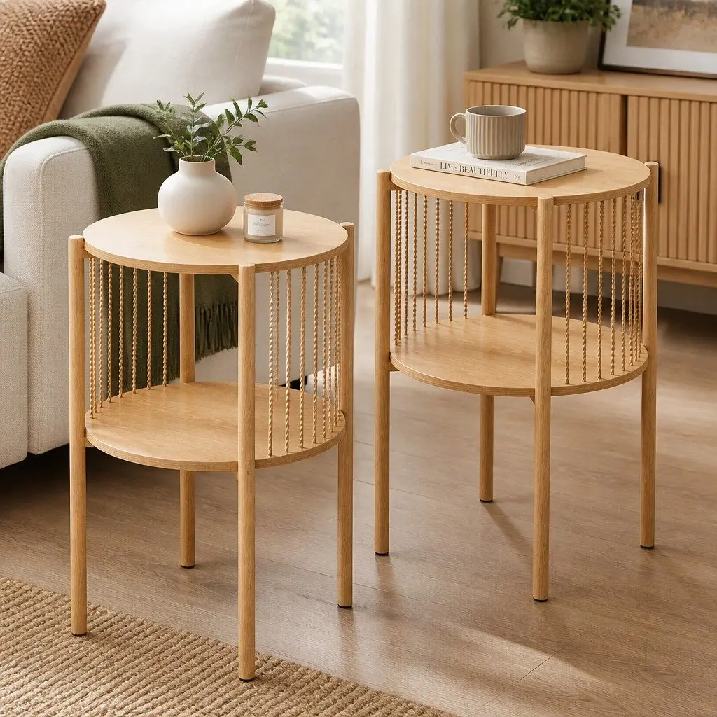 End Tables Coffee Table Set 2-Tier Round Wood Side Tables Living Room Furniture