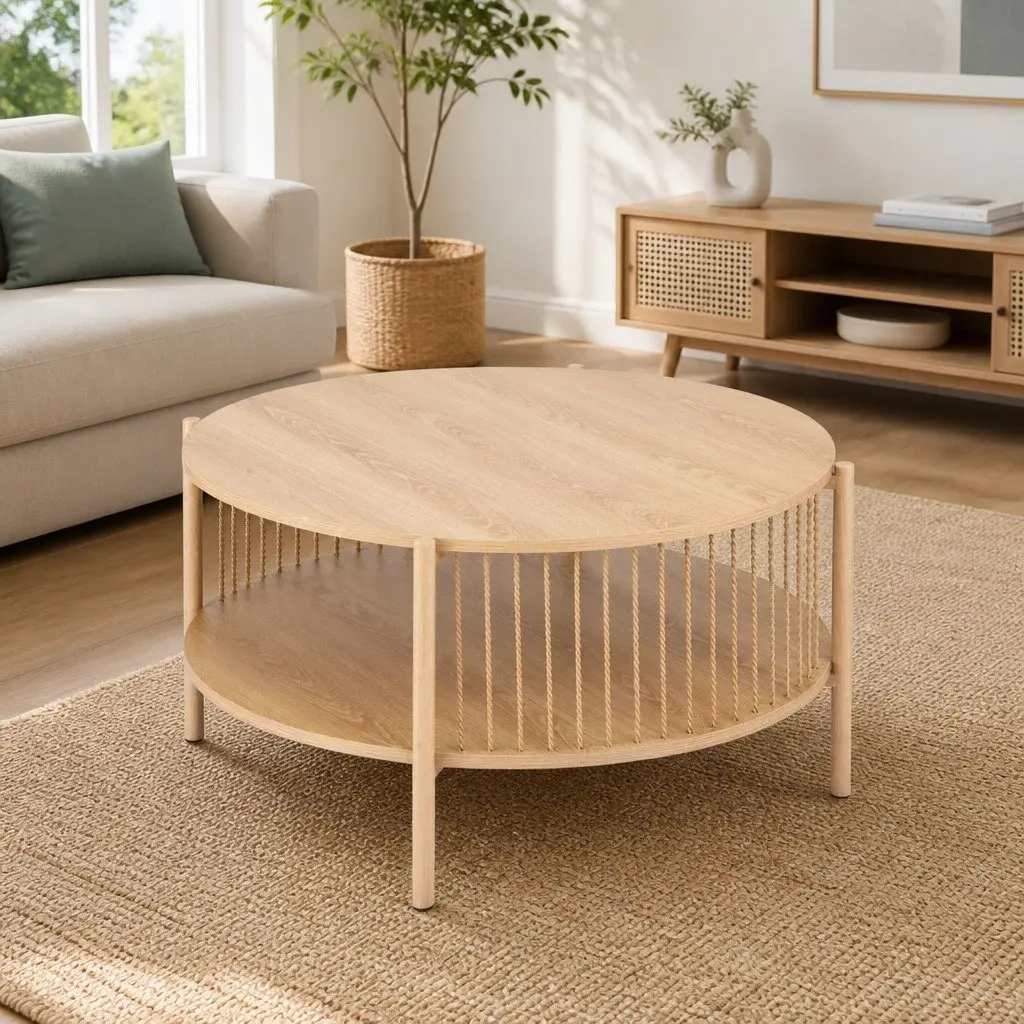 Coffee Table 2-Tier Round Wood Storage Living Room Modern Design Furniture