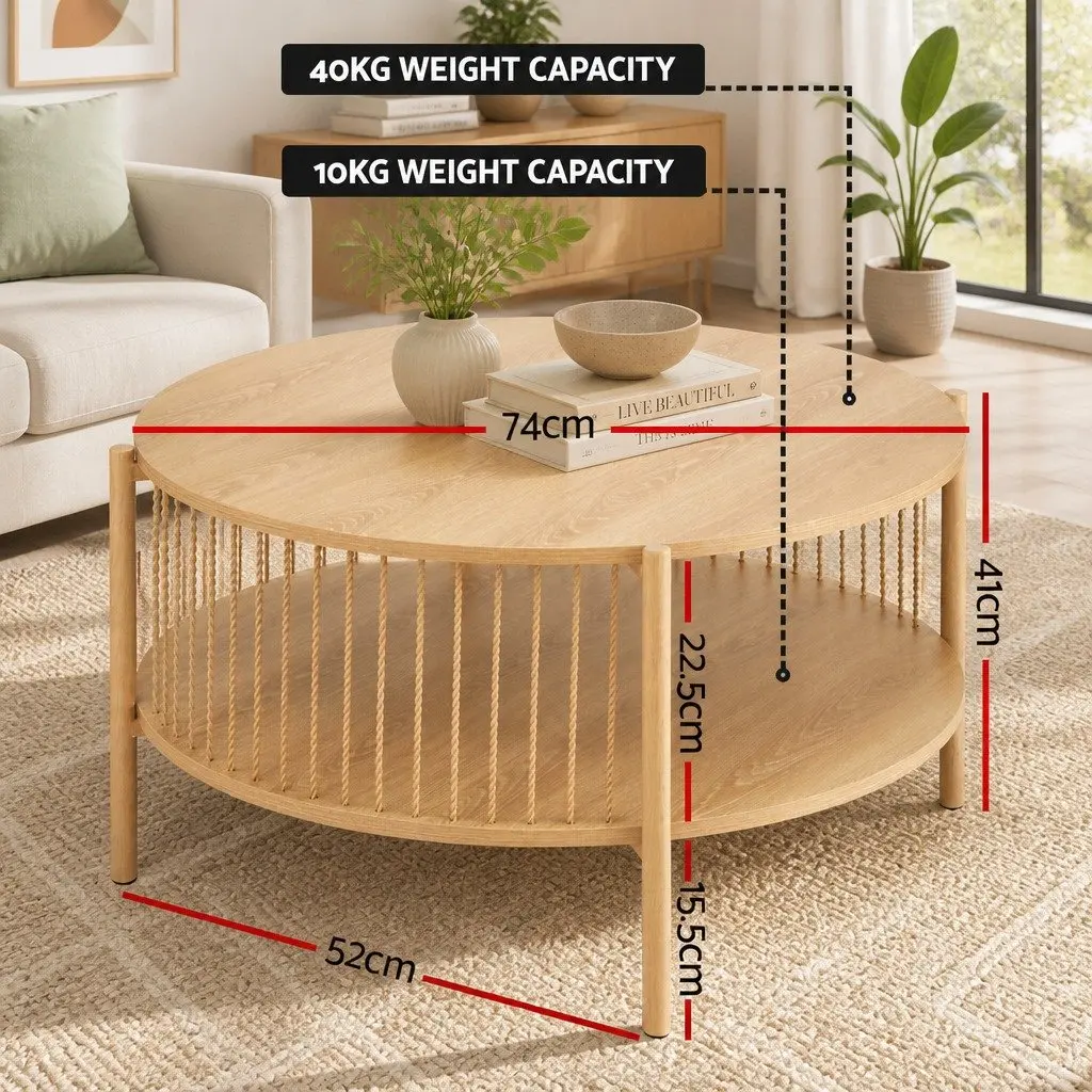 Coffee Table 2-Tier Round Wood Storage Living Room Modern Design Furniture