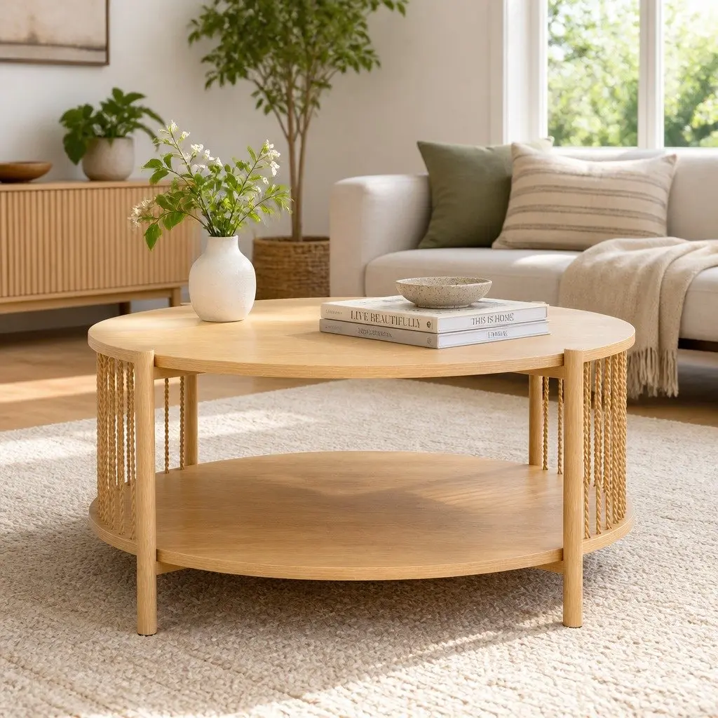 Coffee Table 2-Tier Round Wood Storage Living Room Modern Design Furniture