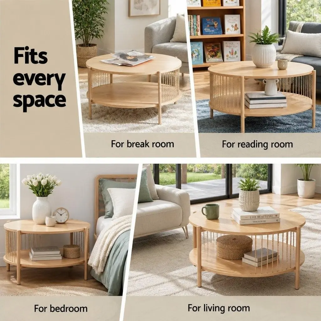 Coffee Table 2-Tier Round Wood Storage Living Room Modern Design Furniture