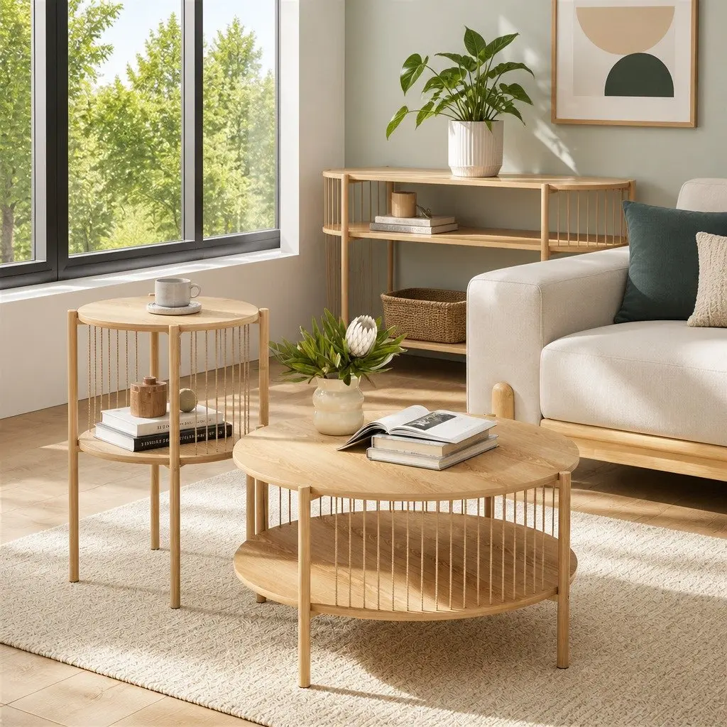 Coffee Table 2-Tier Round Wood Storage Living Room Modern Design Furniture