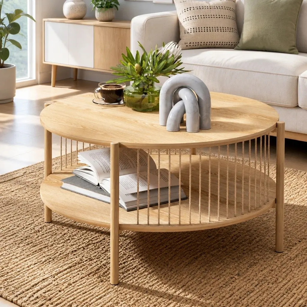 Coffee Table 2-Tier Round Wood Storage Living Room Modern Design Furniture