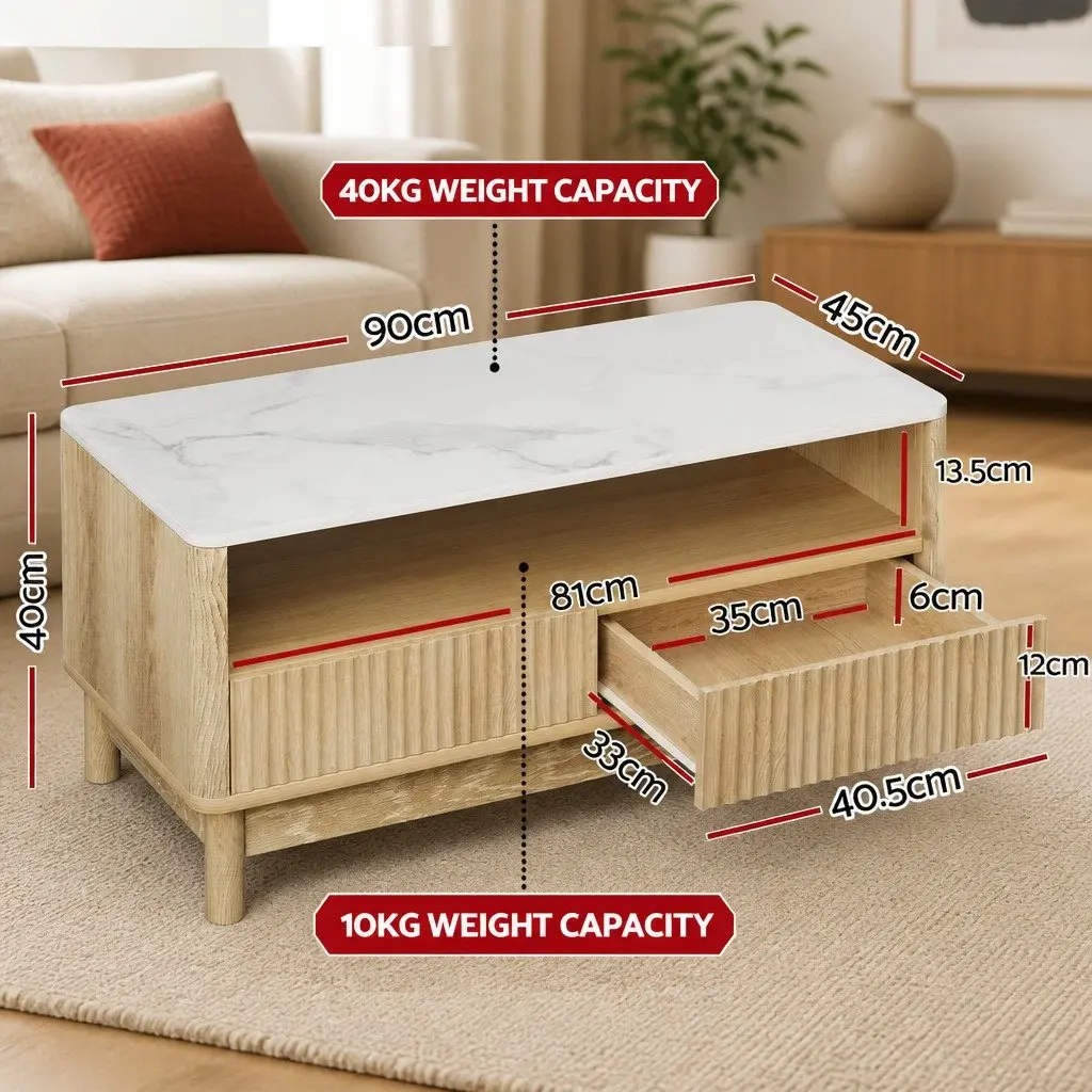 Coffee Table Wood White Marble Effect 90cm Open Shelf Storage with 2 Drawers