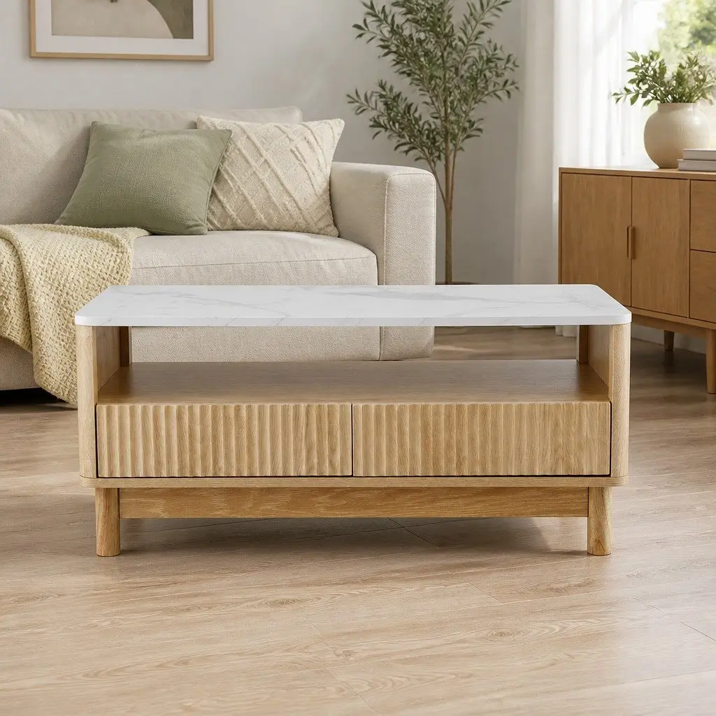 Coffee Table Wood White Marble Effect 90cm Open Shelf Storage with 2 Drawers