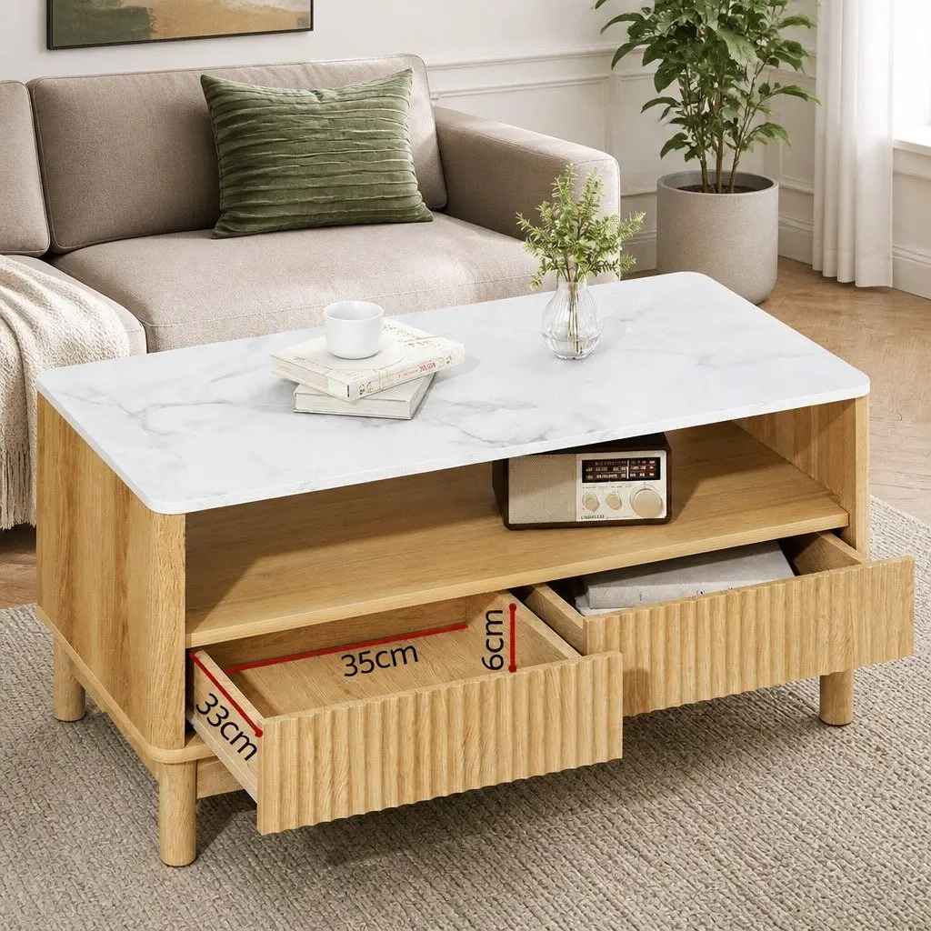 Coffee Table Wood White Marble Effect 90cm Open Shelf Storage with 2 Drawers
