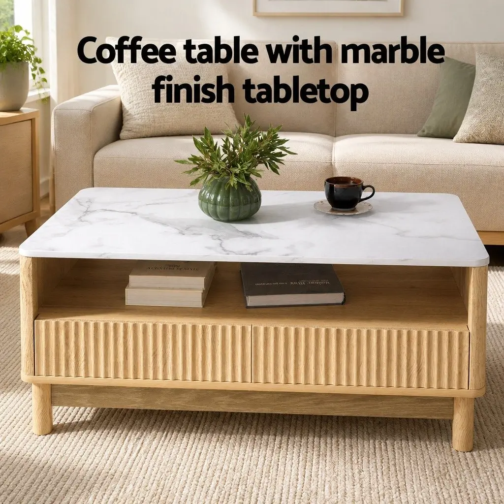 Coffee Table Wood White Marble Effect 90cm Open Shelf Storage with 2 Drawers