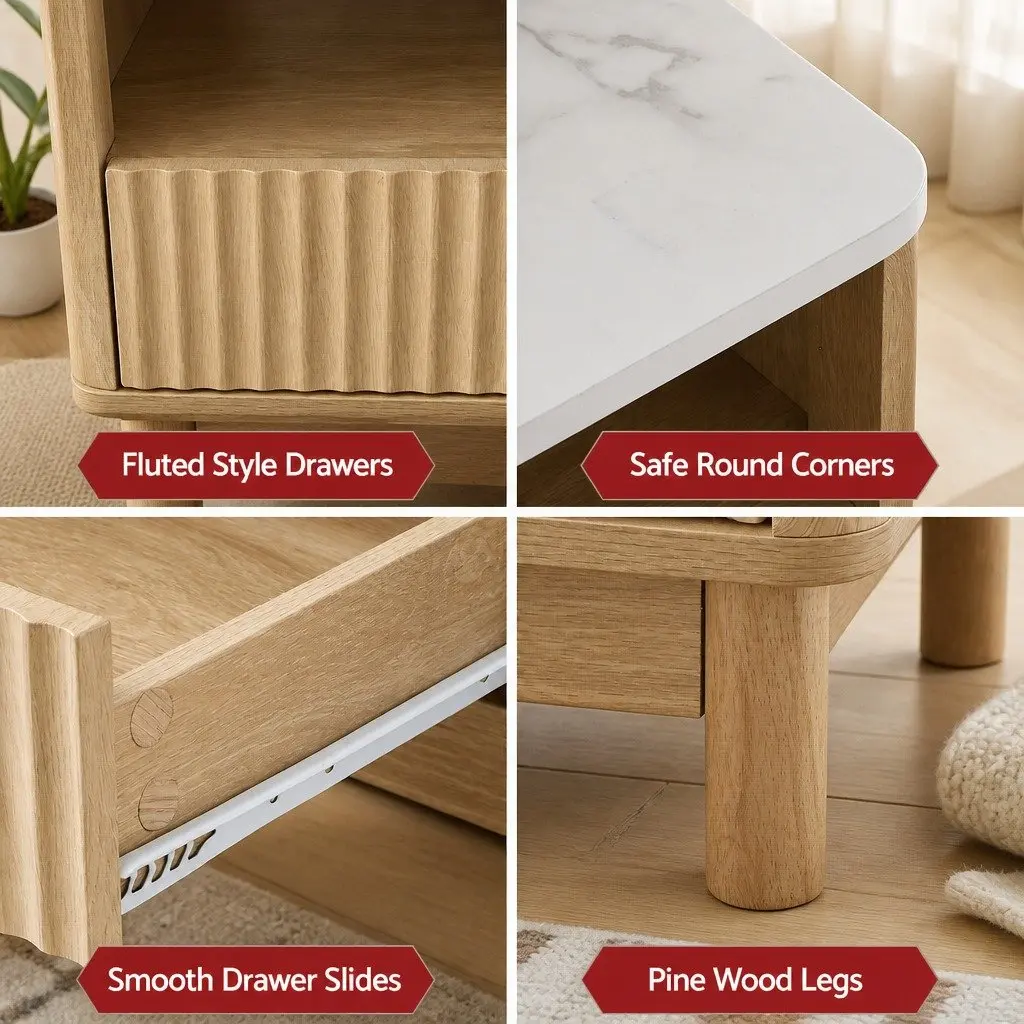 Coffee Table Wood White Marble Effect 90cm Open Shelf Storage with 2 Drawers