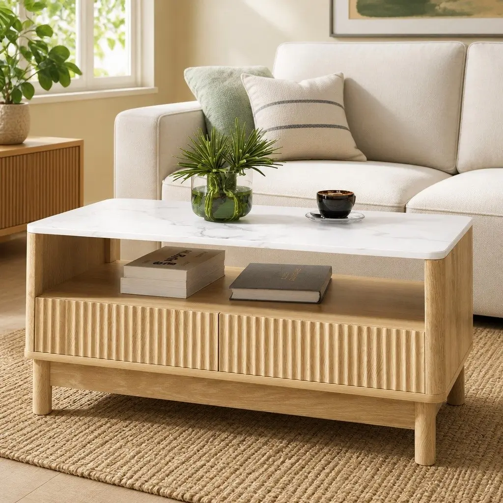 Coffee Table Wood White Marble Effect 90cm Open Shelf Storage with 2 Drawers