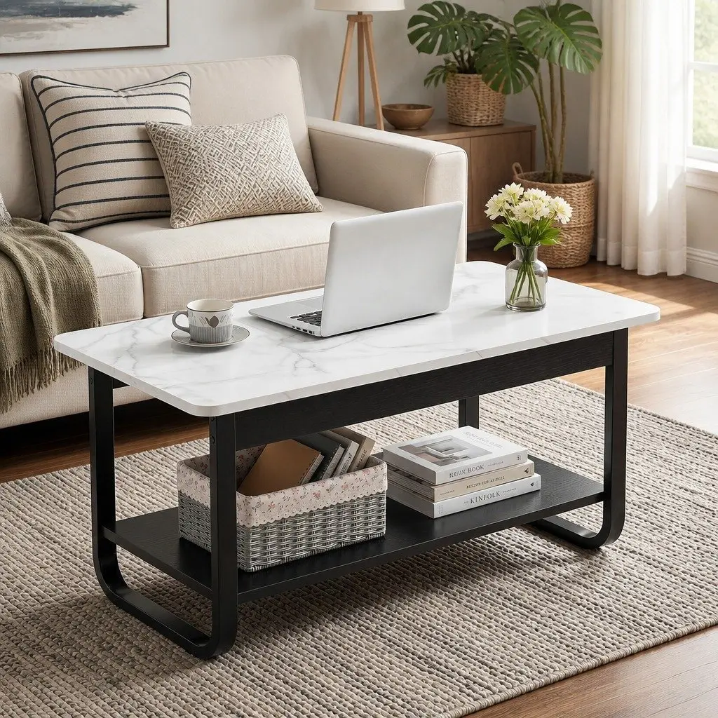 2-Tier Coffee Table 80CM Marble Rectangular Living Room Storage Shelf