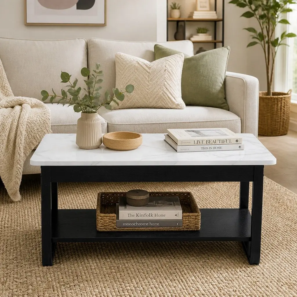 2-Tier Coffee Table 80CM Marble Rectangular Living Room Storage Shelf