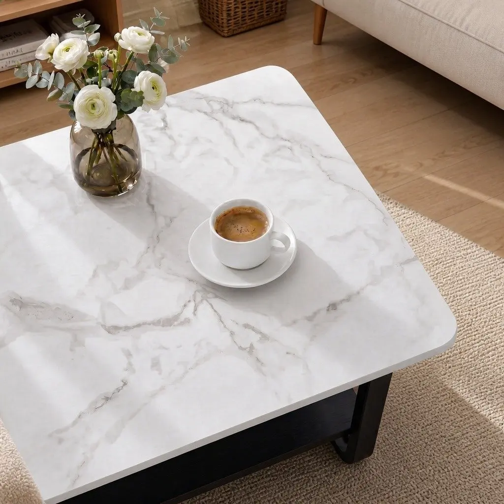 2-Tier Coffee Table 80CM Marble Rectangular Living Room Storage Shelf