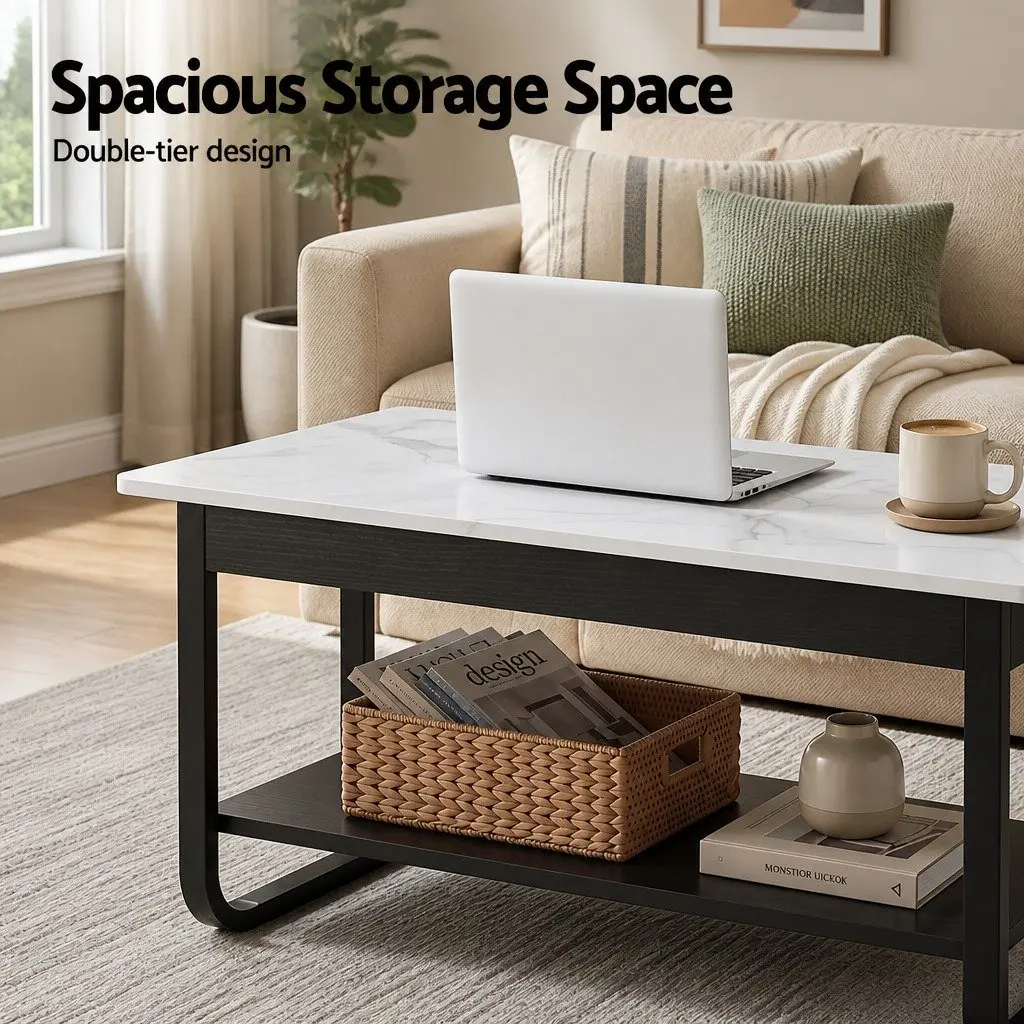 2-Tier Coffee Table 80CM Marble Rectangular Living Room Storage Shelf
