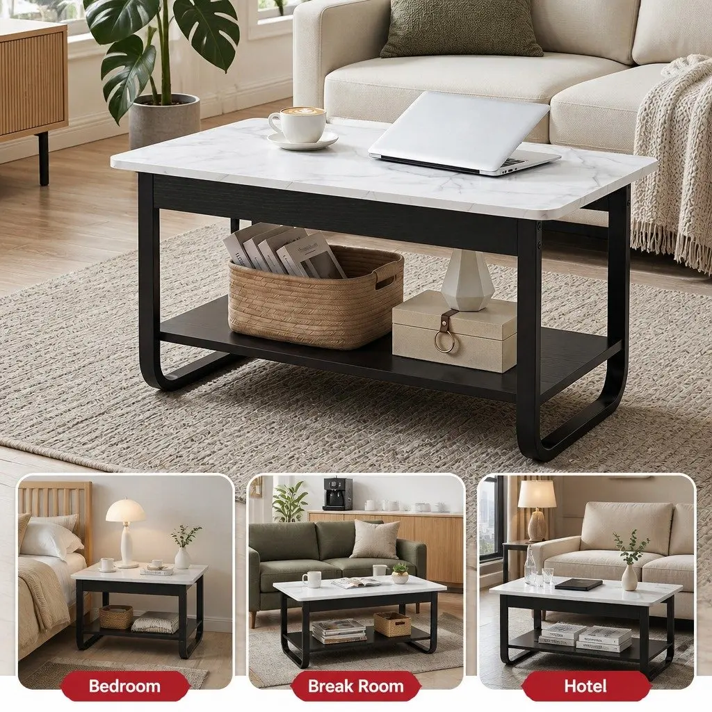 2-Tier Coffee Table 80CM Marble Rectangular Living Room Storage Shelf