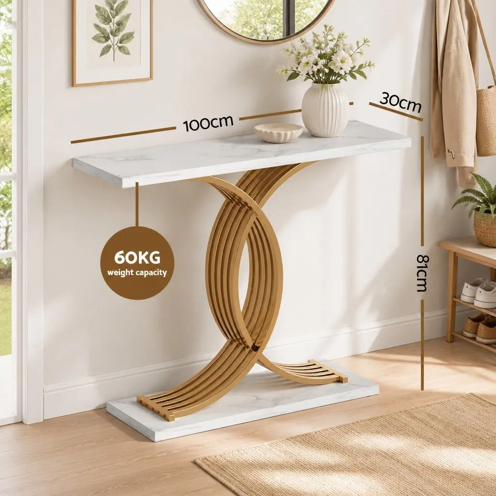 Console Table White Gold Faux Marble Effect 100cm Easy Clean Surface