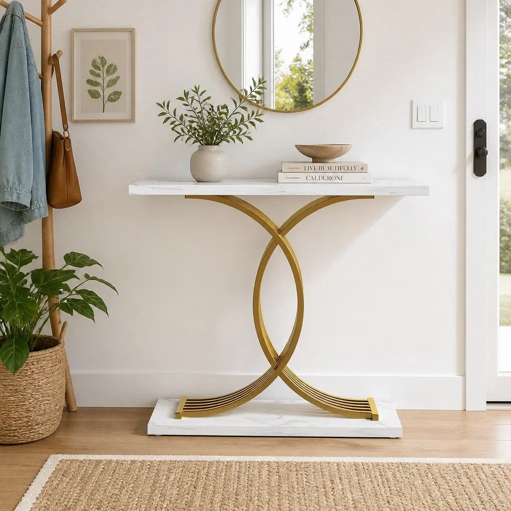 Console Table White Gold Faux Marble Effect 100cm Easy Clean Surface