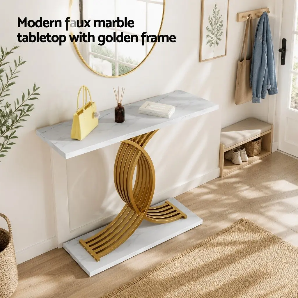 Console Table White Gold Faux Marble Effect 100cm Easy Clean Surface