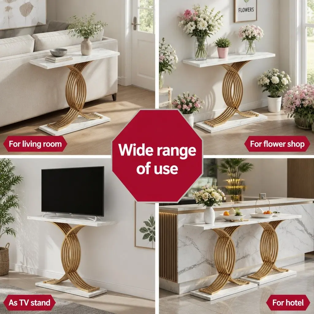 Console Table White Gold Faux Marble Effect 100cm Easy Clean Surface
