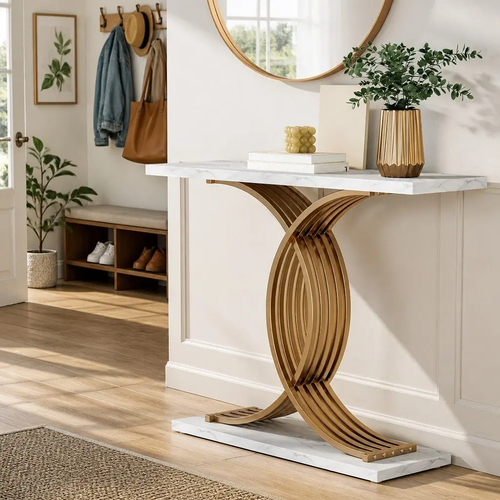 Console Table White Gold Faux Marble Effect 100cm Easy Clean Surface