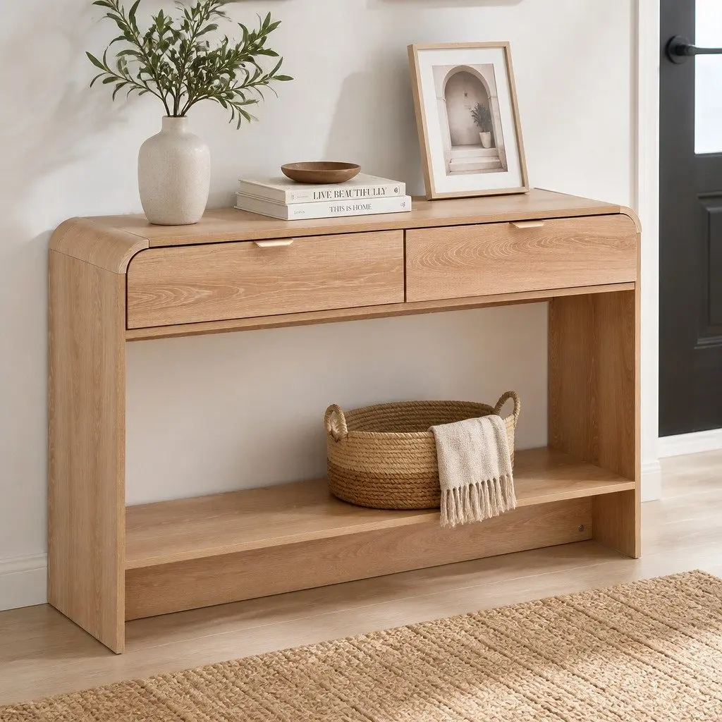 Console Table Pine 120CM Two Drawers Open Shelf Curved Edge