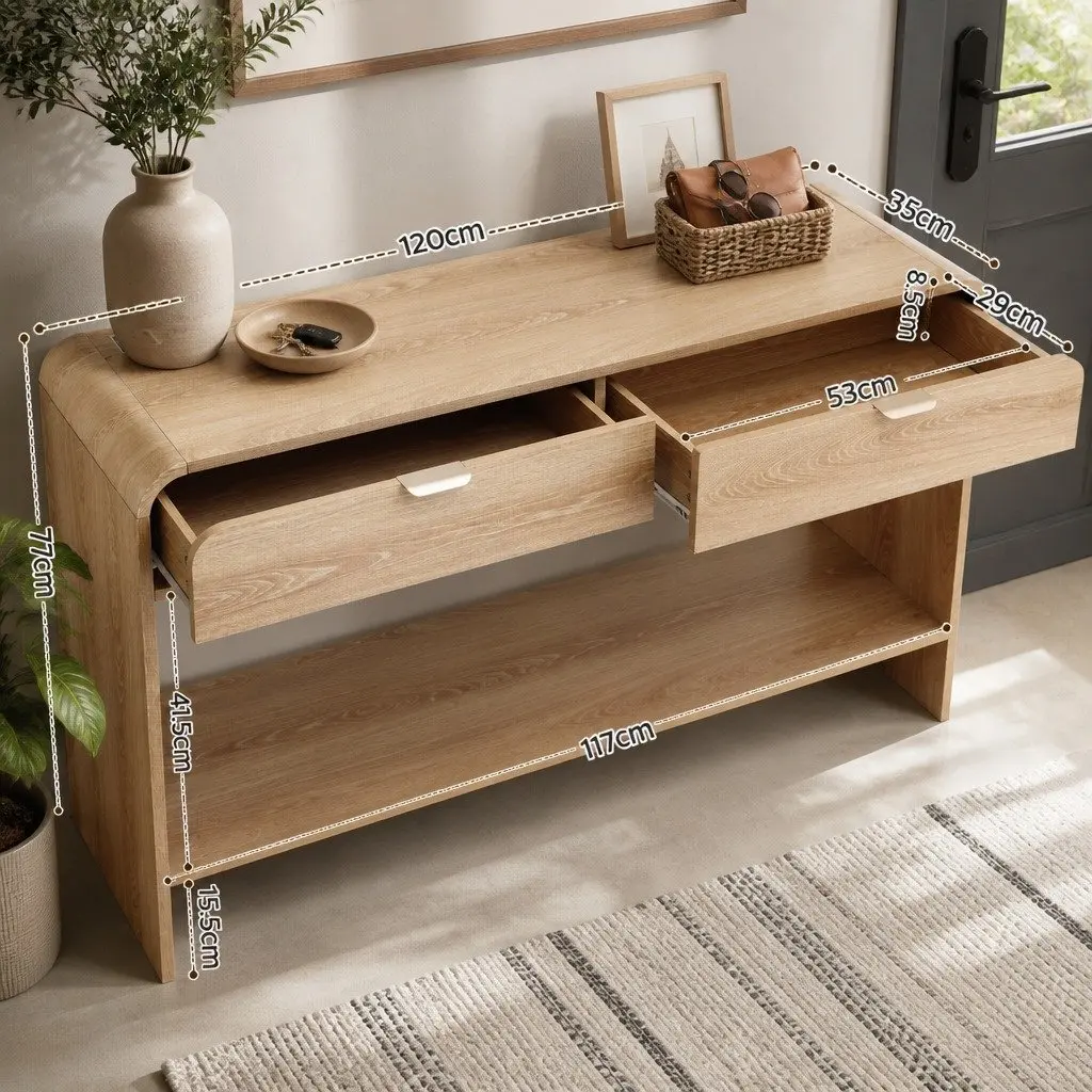 Console Table Pine 120CM Two Drawers Open Shelf Curved Edge