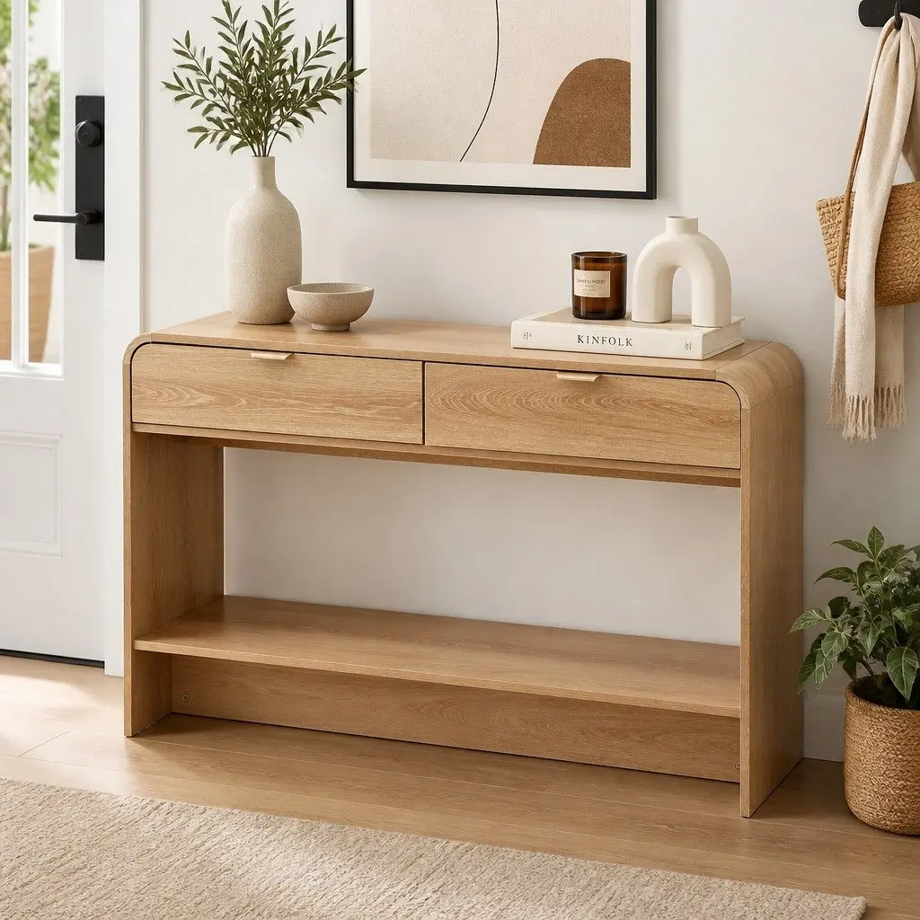 Console Table Pine 120CM Two Drawers Open Shelf Curved Edge