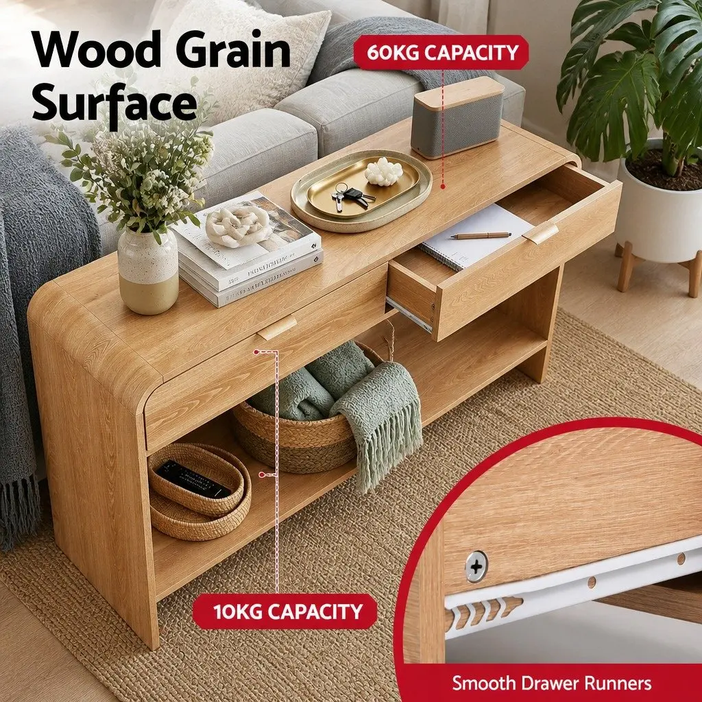 Console Table Pine 120CM Two Drawers Open Shelf Curved Edge