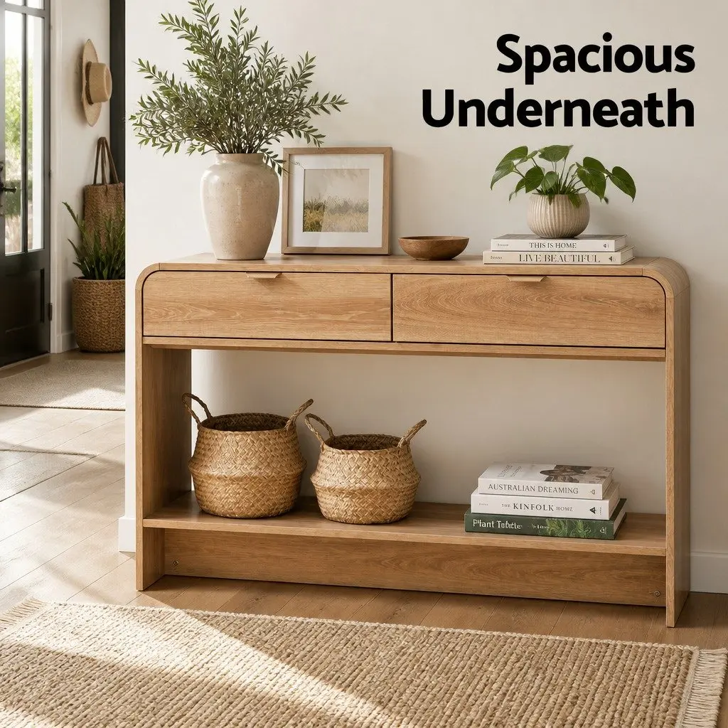Console Table Pine 120CM Two Drawers Open Shelf Curved Edge