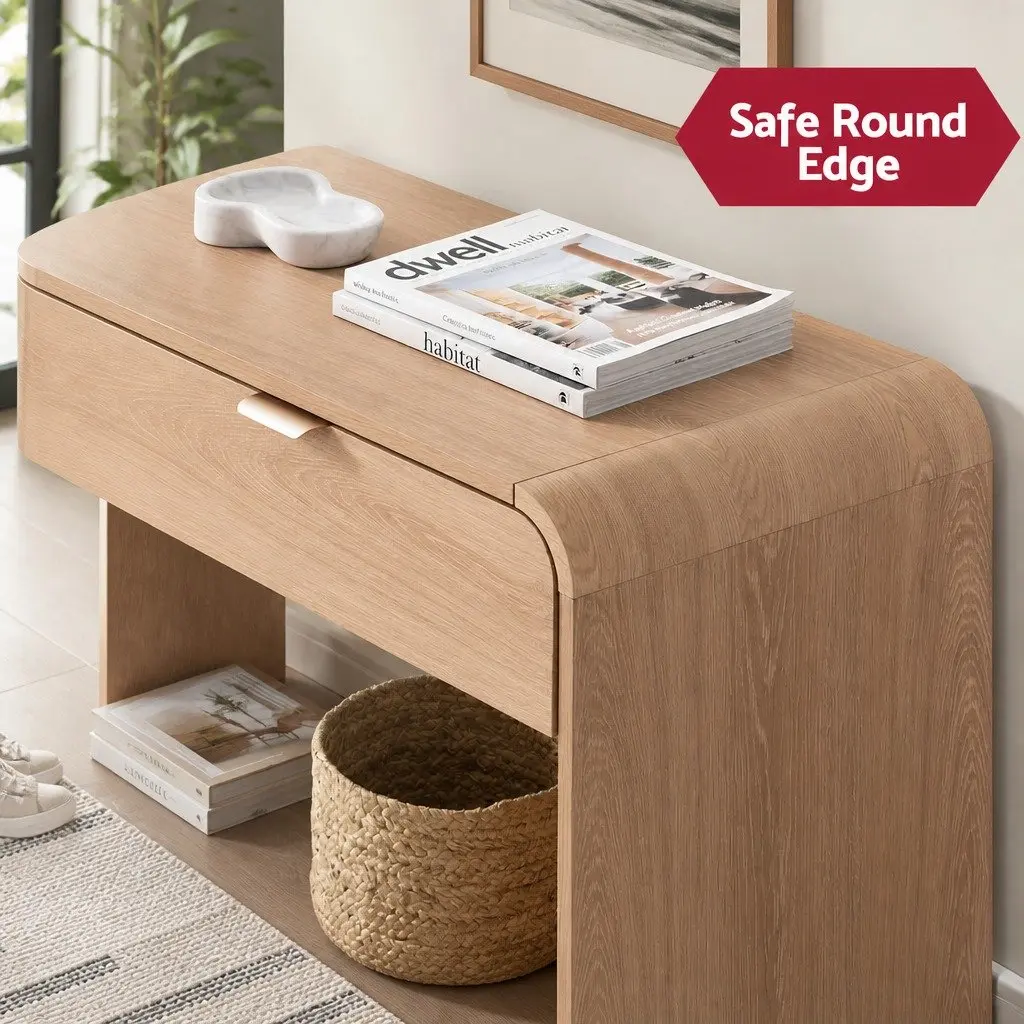 Console Table Pine 120CM Two Drawers Open Shelf Curved Edge