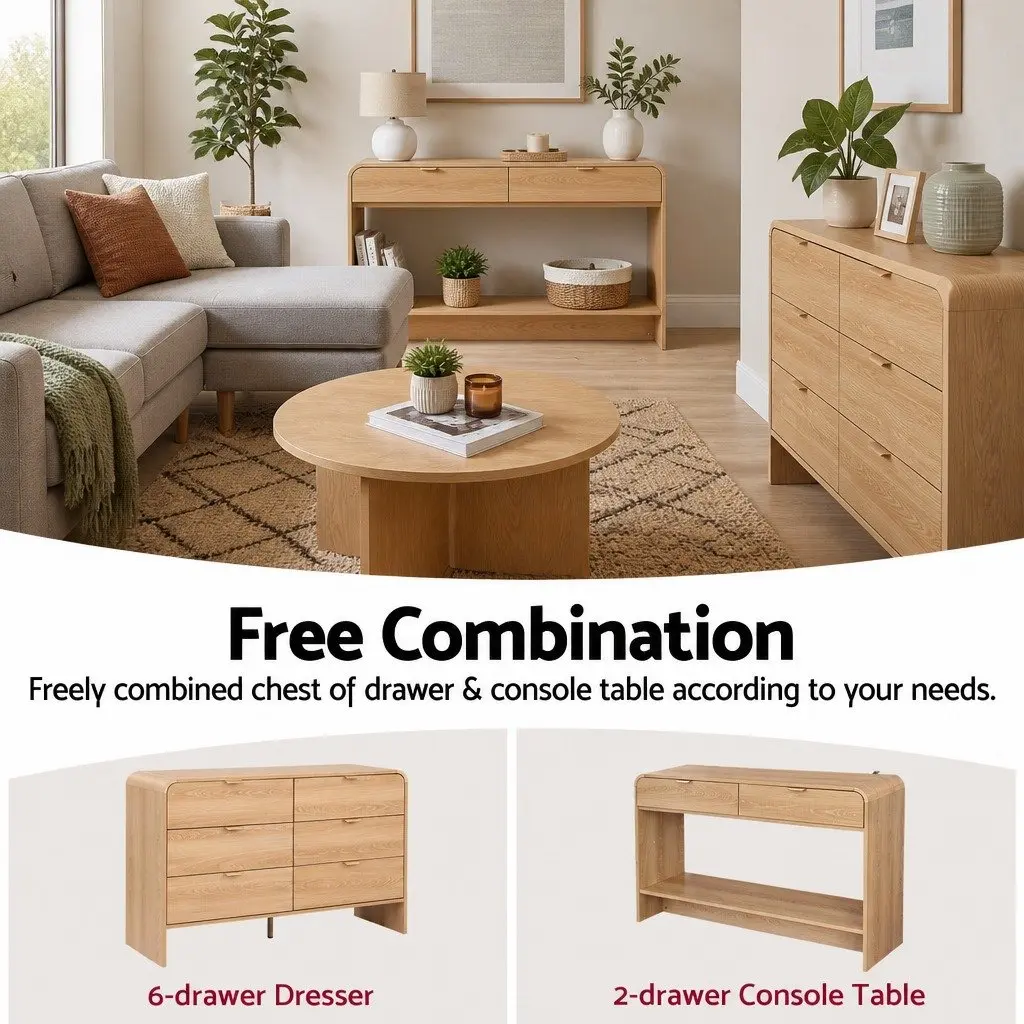 Console Table Pine 120CM Two Drawers Open Shelf Curved Edge