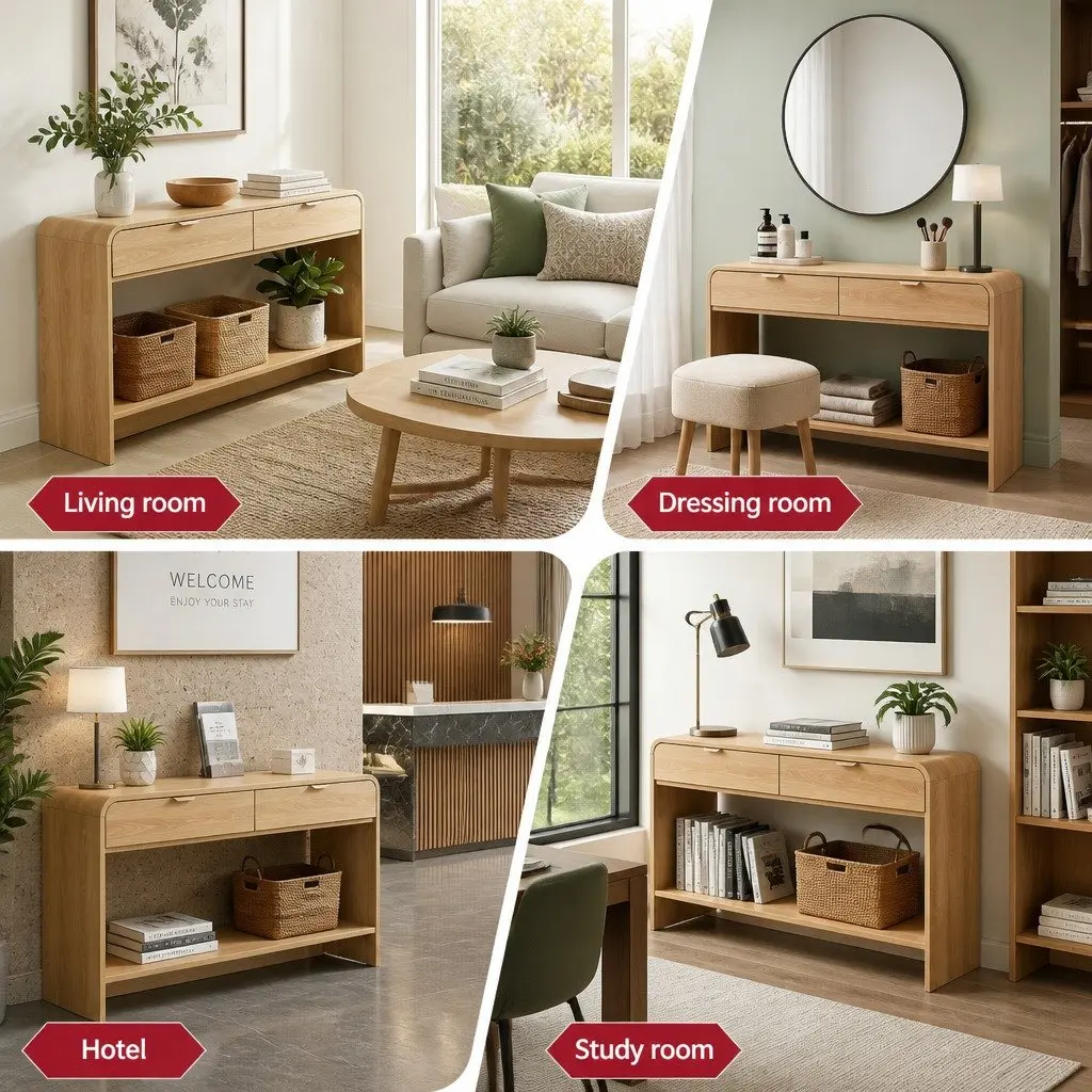 Console Table Pine 120CM Two Drawers Open Shelf Curved Edge