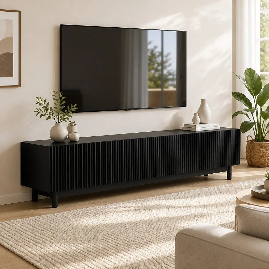 TV Unit Black 180cm Entertainment Storage Cabinet with Adjustable Shelves and Soft Close Cabinets