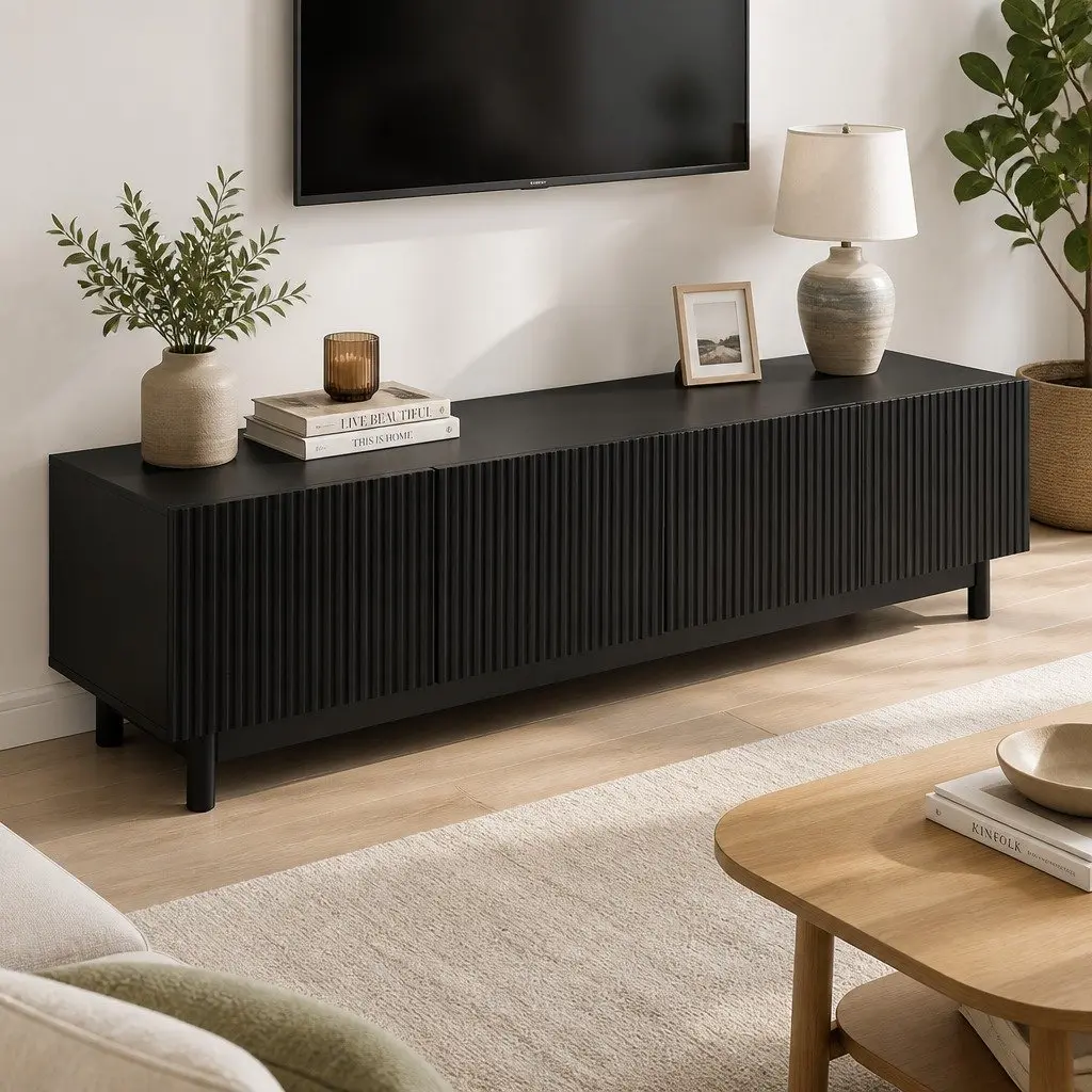 TV Unit Black 180cm Entertainment Storage Cabinet with Adjustable Shelves and Soft Close Cabinets