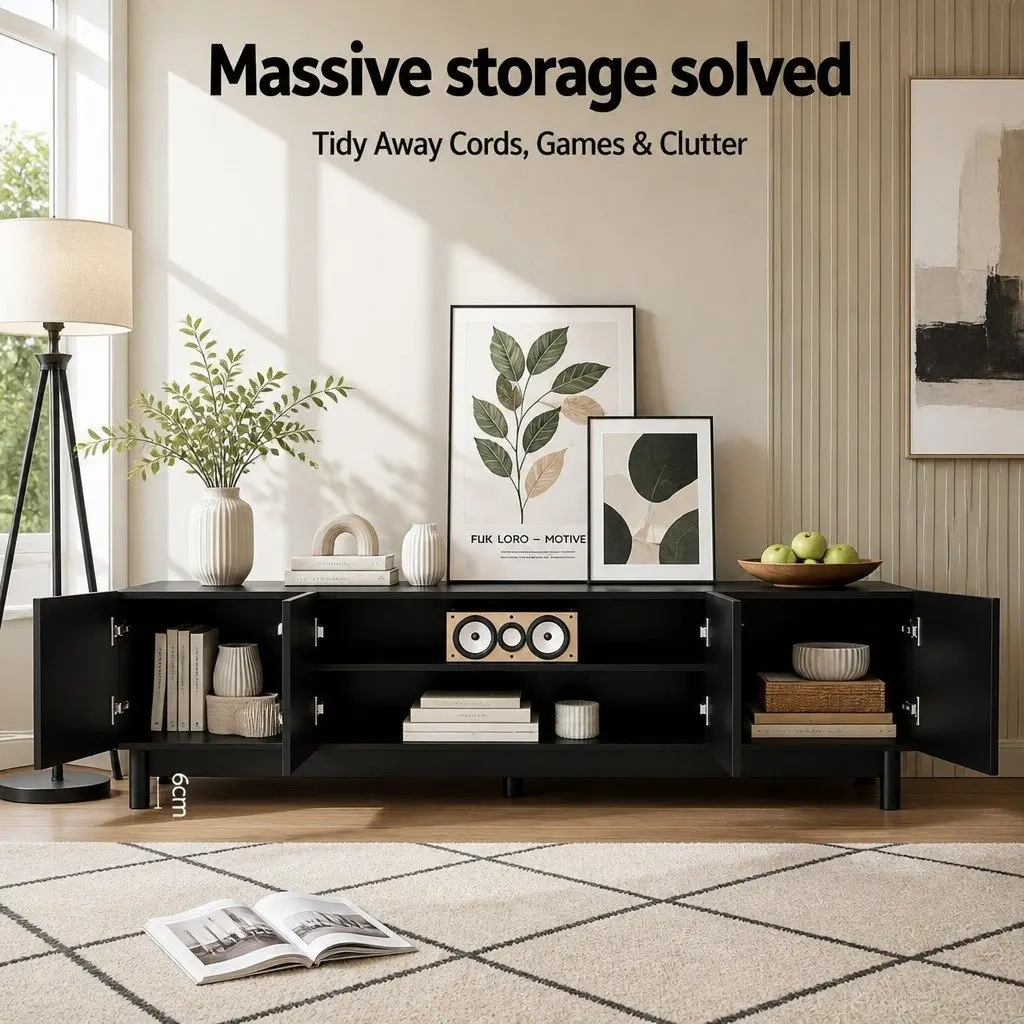 TV Unit Black 180cm Entertainment Storage Cabinet with Adjustable Shelves and Soft Close Cabinets