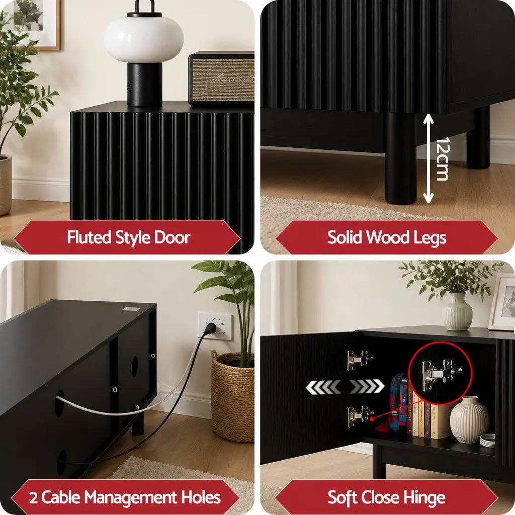 TV Unit Black 180cm Entertainment Storage Cabinet with Adjustable Shelves and Soft Close Cabinets