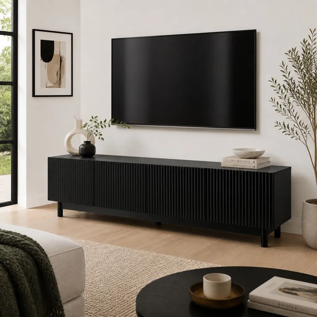 TV Unit Black 180cm Entertainment Storage Cabinet with Adjustable Shelves and Soft Close Cabinets