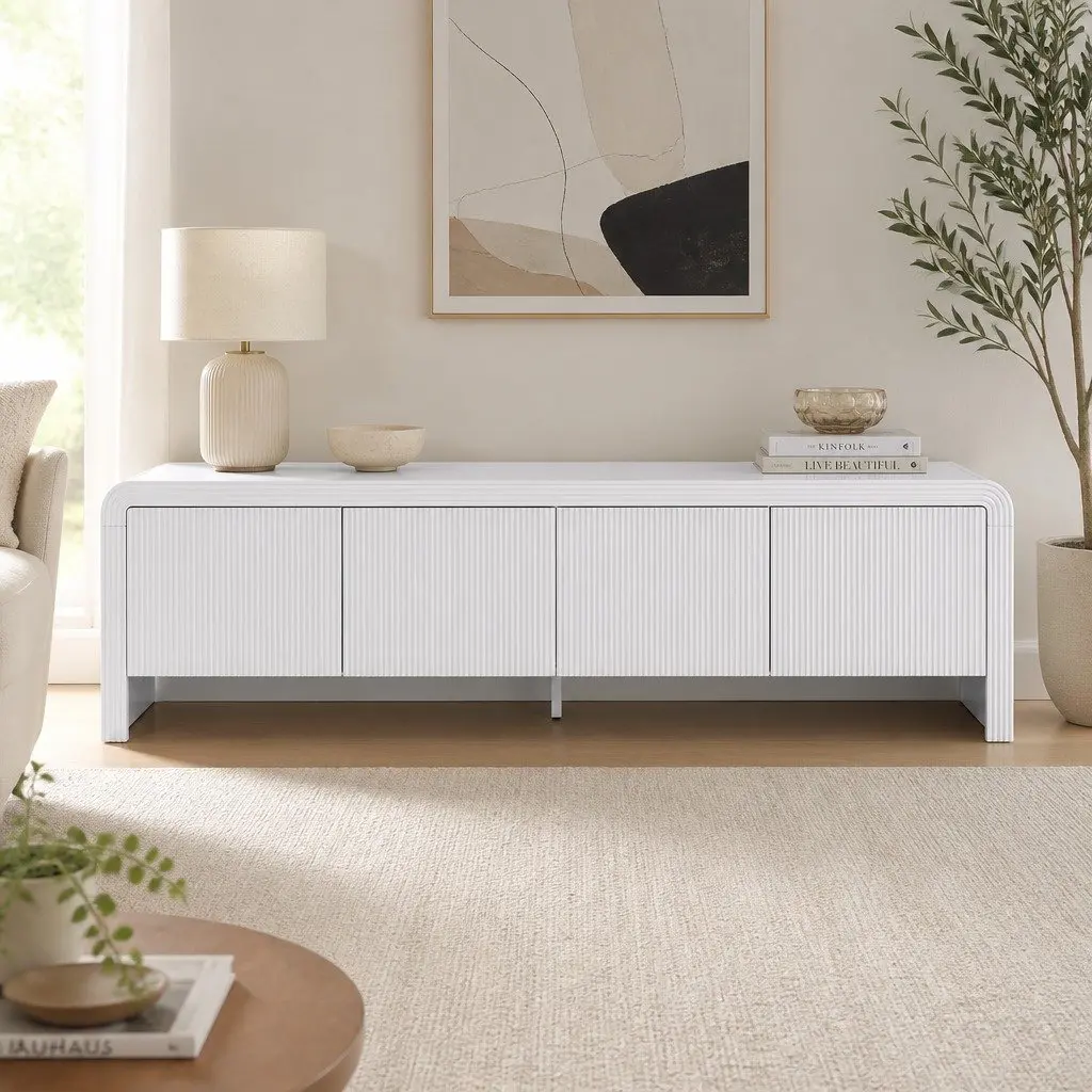 TV Unit White 180cm Entertainment Storage Cabinet Soft Close Doors