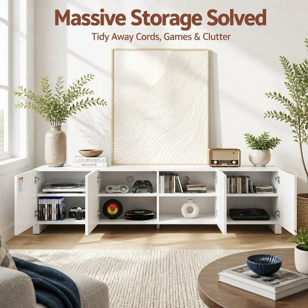 180cm White Storage Unit with Push Open for TV