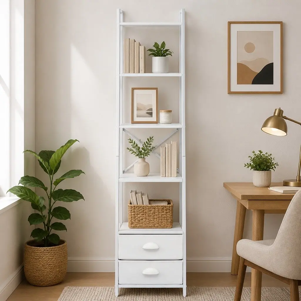 5 Tier Bookcase White Storage Shelving Unit with Fabric Drawers