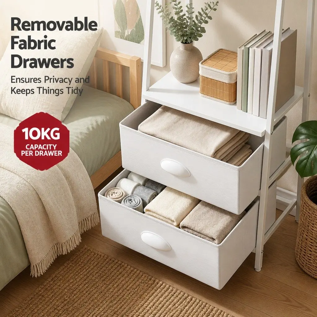 5 Tier Bookcase White Storage Shelving Unit with Fabric Drawers