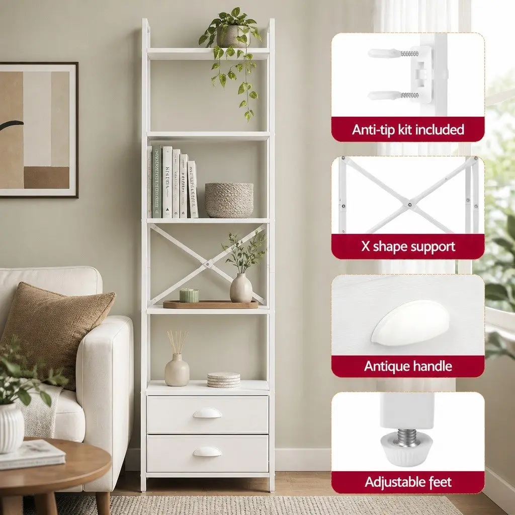 5 Tier Bookcase White Storage Shelving Unit with Fabric Drawers