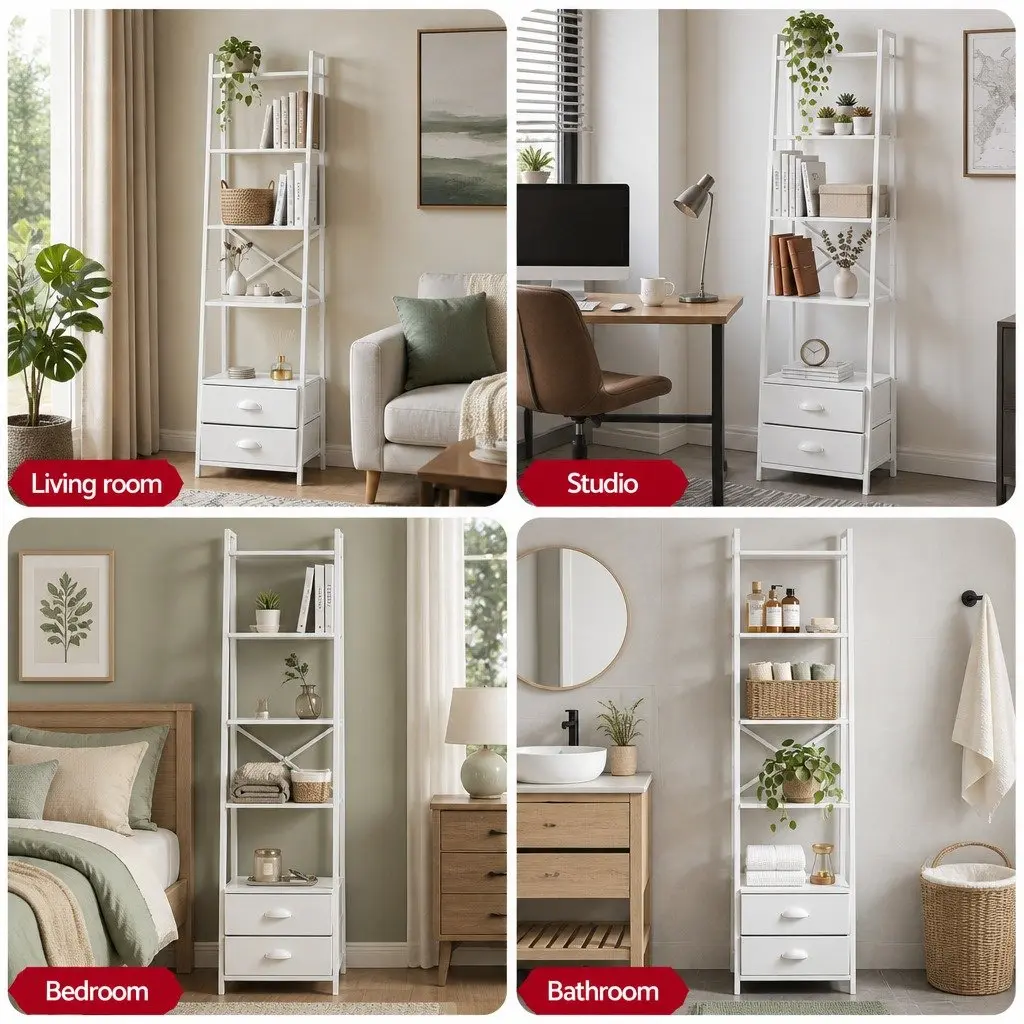 5 Tier Bookcase White Storage Shelving Unit with Fabric Drawers