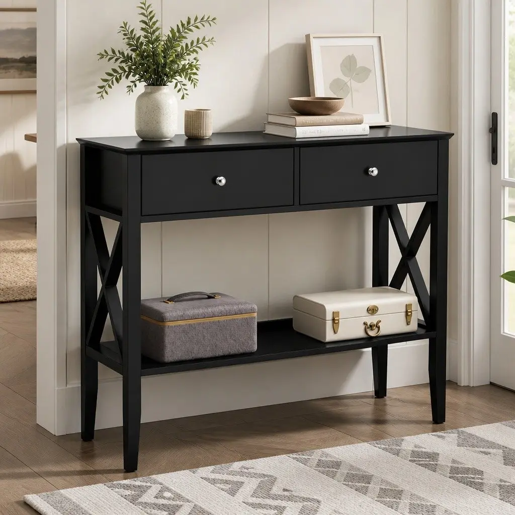 Console Table with Open Shelf and Drawers